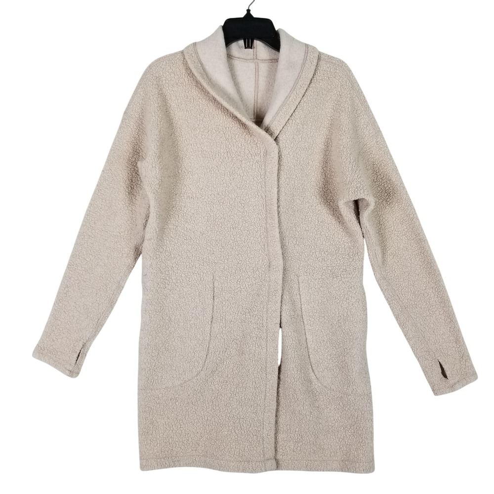 Lululemon Sherpa Fleece Wrap Women 4 Beige Shawl Collar Thumbhole Long Jacket - Picture 2 of 7